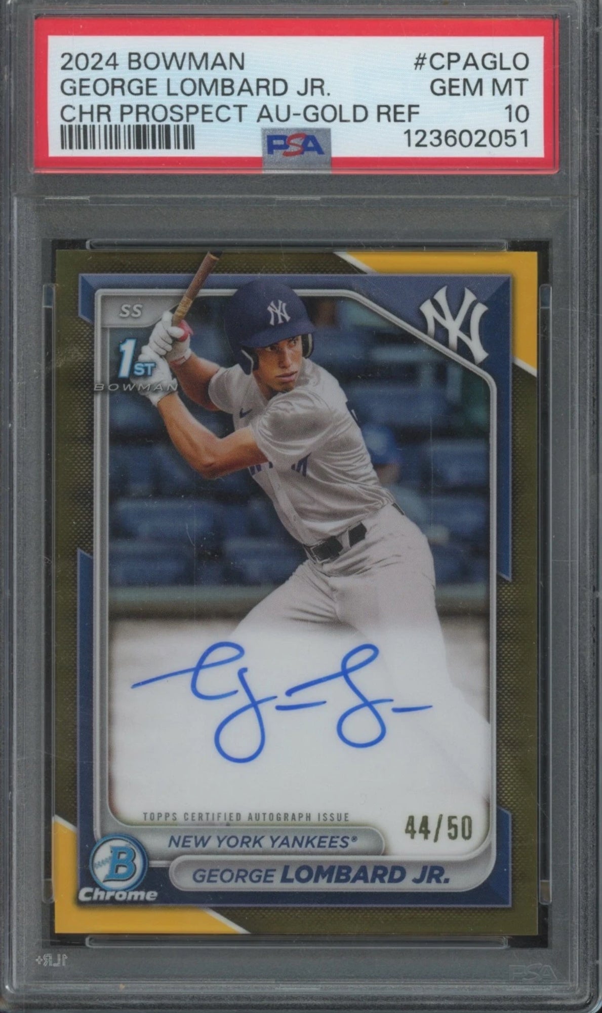 2024 Bowman George Lombard Jr Gold Refractor Auto /50 PSA 10